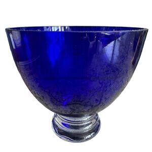 Large Cobalt Blue Bowl, Hand Blown w/ Clear Pedestal Lead Crystal Made in Poland